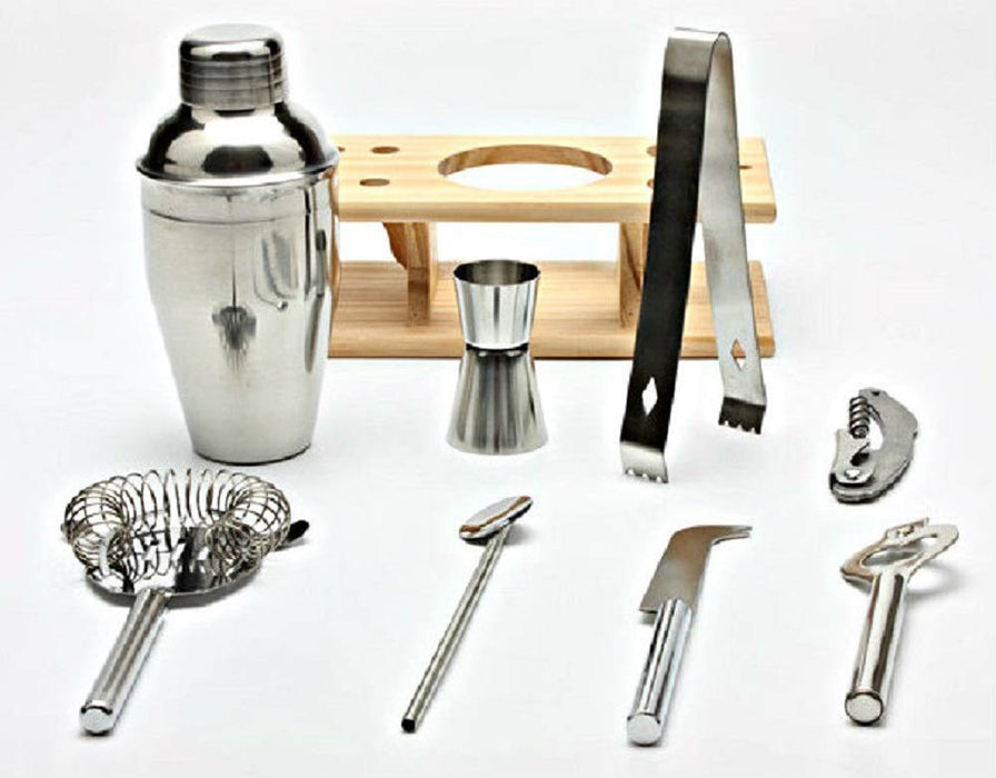 8 PCS Shaker Mixer Cocktail Set with Wooden Stand Stainless-Steel Bar Cocktail Shaker Mixer Kit Bar Bartenders Tools Set