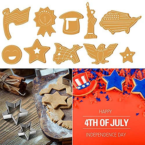 10 Pieces Cookie Cutter Set 4th of July Independence Day Cookie Cutter USA Flag Star Cookie Baking Mold Patriotic Cutter Metal