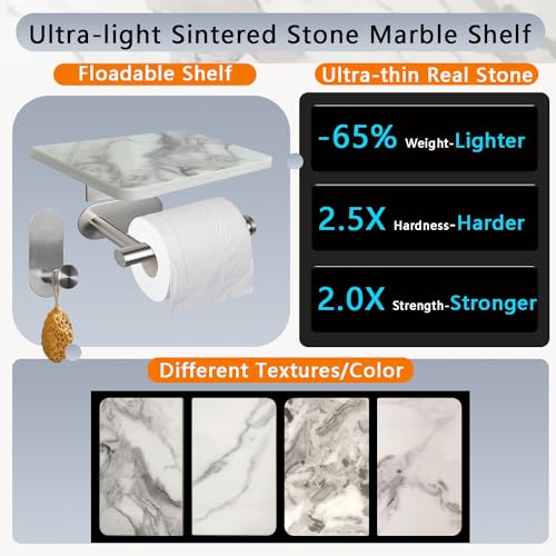 Yoluckey Adhesive Toilet Paper Roll Holder With Wall Mounted Marble Floating Shelf For Bathroom Washroom Sus304 Stainless Steel