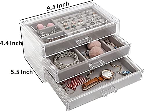 Large Earring Jewelry Organizer With 3 Drawers Clear Acrylic Jewelry Box  for Women,stackable Velvet Earring Display Case Earrings Ring 