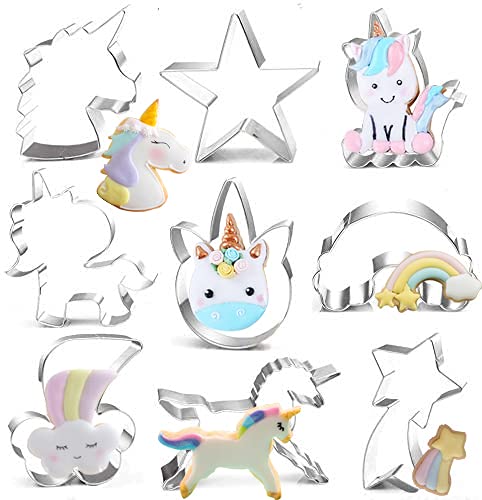 Cookie Cutters 9-Piece Fantasy Unicorn Cookie Cutter Set with Unicorn Head, Unicorn, and Rainbow,Shooting Star,Star Biscuit