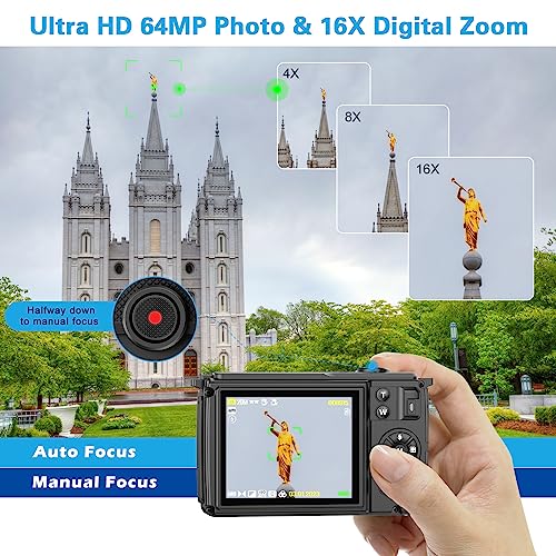 Digital Camera 4K,Vmotal Uhd 64Mp Photo 4K Video 60Fps,Dual Screens 2.8”+2.4”16X Zoomtimelapseslowmotionautofocusmanual Focus