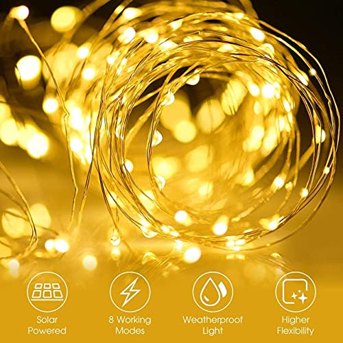 BOLWEO Solar String Lights Outdoor Waterproof Warm White, Solar Fairy Lights 39.4Ft 120LED 8 Modes Copper Wire Lighting