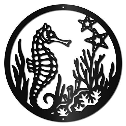 CREATCABIN Seahorse Metal Wall Decor Metal Seahorse with Coral Wall Sign Marine Life Starfish Hanging Sculpture for Beach Home