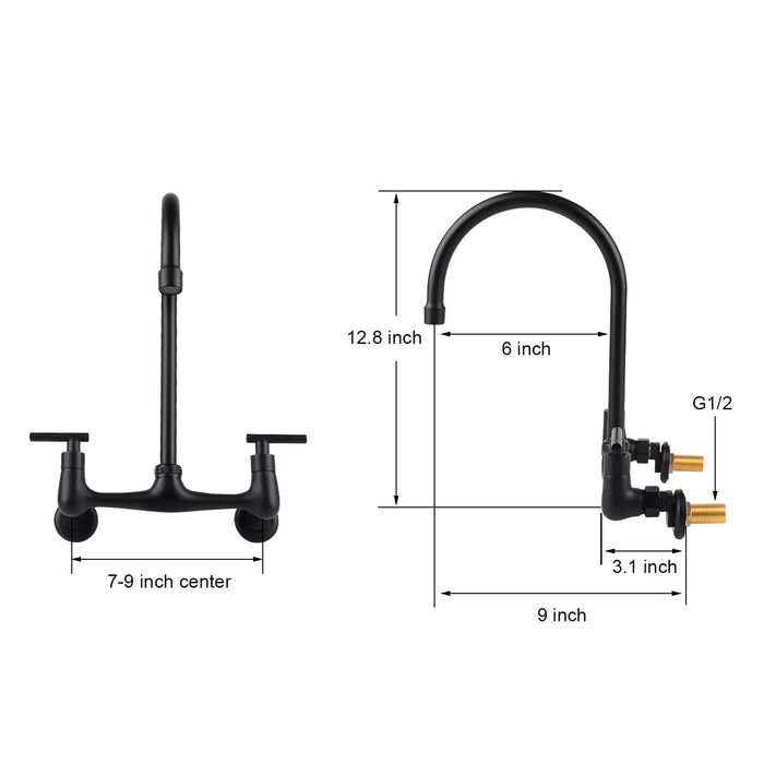KWODE Black Wall Mount Faucet with 6" Gooseneck Spout,7-9 Inch Adjustable Center Backsplash Mount Commercial Kitchen Sink Faucet with 2-Handles Control Brass Constructed Chrome