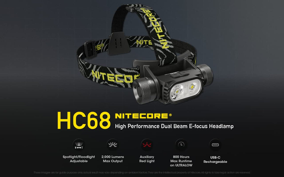 NITECORE HC68 Type-C Rechargeable Dual Beam E-Focus Headlamp, Luminus SST-40-W 2000 Lumens, Choices of Eco-Sensa Accessories  2X Extra NL1835HP) - 4