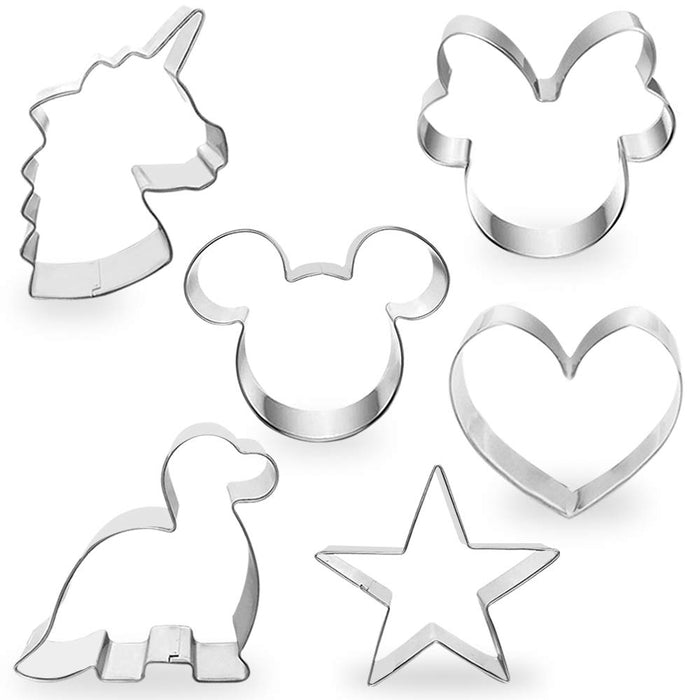 COTEY Cookie Cutters 4" to 3" Set of 6 Mickey & Minnie Mouse Unicorn Dinosaur Heart Star Hot Biscuit Cake Fondant Pancake Cutter