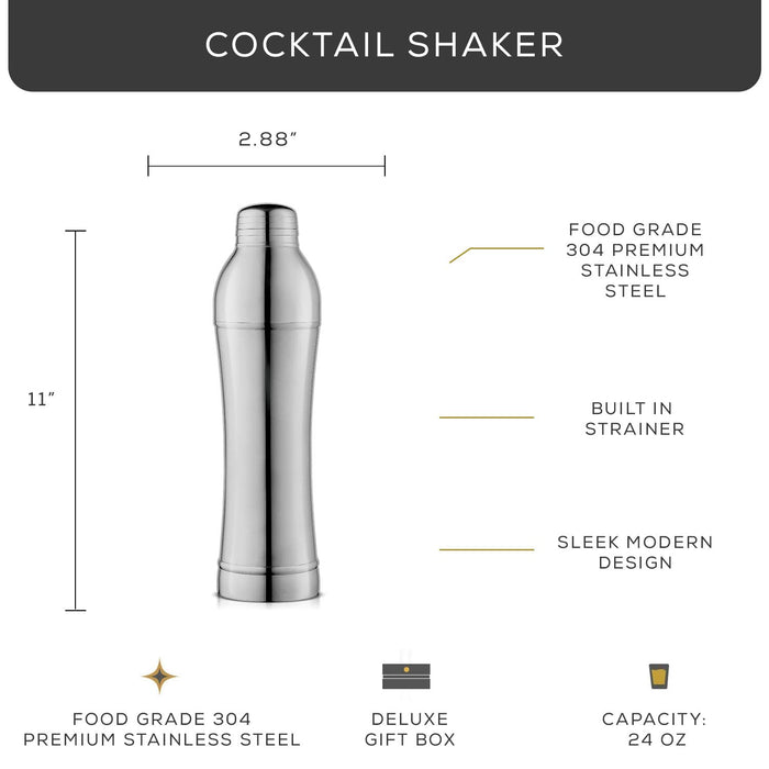 JoyJolt 3pc Slim Cocktail Shaker Set. 24 oz Margarita Martini Shaker Drink Mixer & Cocktail Strainer Lid, Double Jigger, Long Bar
