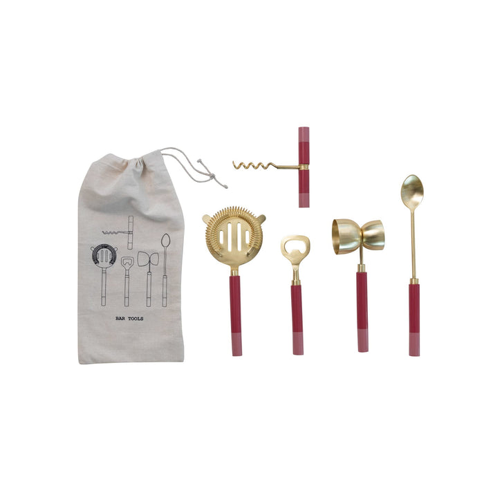Creative Co-Op Stainless Steel 2-Tone Resin Handles in Drawstring Bag, Gold Finish Bar Tools, Pink