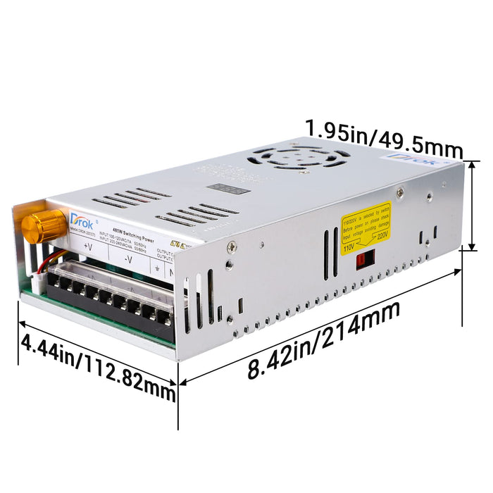 DROK 48V Power Supply, AC 110V/220V to DC 0-48V 10A 480W Buck Converter, Adjustable Variable LED Adapter Regulated 5V 12V 24V 30V 36V 48V Volt Voltage Transformer 10A Amp Charger for Lab CCTV