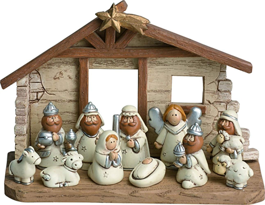 TII Mini Christmas Nativity Set Stable with Jesus Mary Joseph Wisemen Angels Animals 12 Pieces