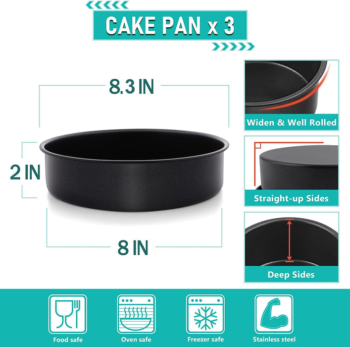 E-far 8 Inch Cake Pan Set of 3 Stainless Steel Round Layer Cake