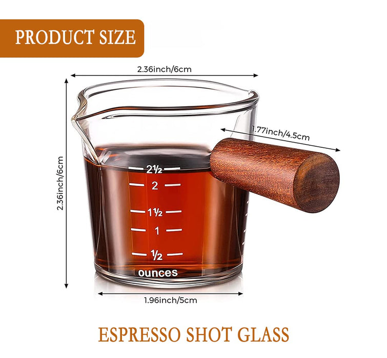 COFISUKI Espresso Shot Glasses 2.5oz Double Spouts Measuring Cup Espresso Accessories with Wood Handle for Barista Coffee Espresso Makin