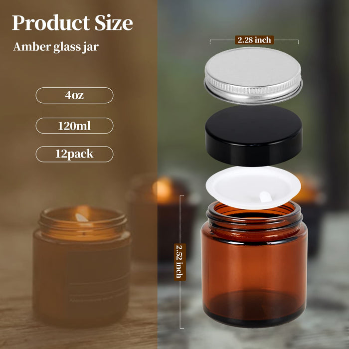 24 Pack, 8 OZ Thick Amber round Glass Jars with Black Metal Lids - Empty  Candle
