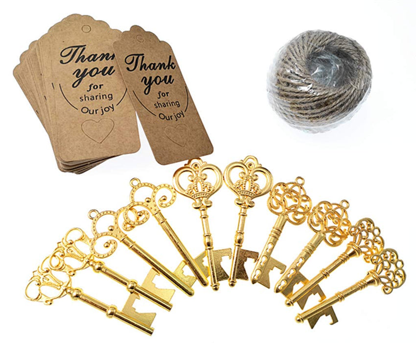 Kinteshun Skeleton Key Bottle Opener with Escort Tag and Jute Rope for Wedding Party Favor(50sets,Gold Tone)