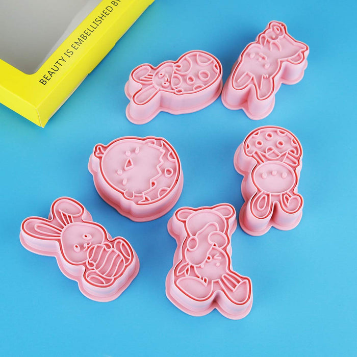 Biscuit mold -Cookie Cutters Set Egg Bunny 3D Plastic Biscuit Press Stamp Molds Cake Decoration DIY Baking Tools, 6PCS
