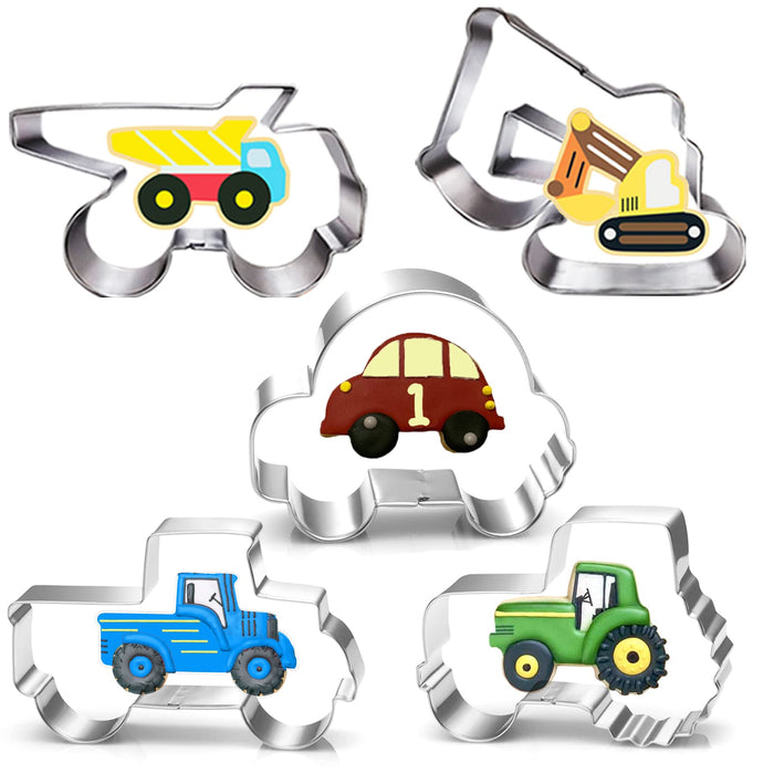 Construction Vehicles Cookie Cutters Set-5 Piece-Truck, Dump, Tractor, Car and Digger-Biscui Cookie Cutters Molds for Kids Party