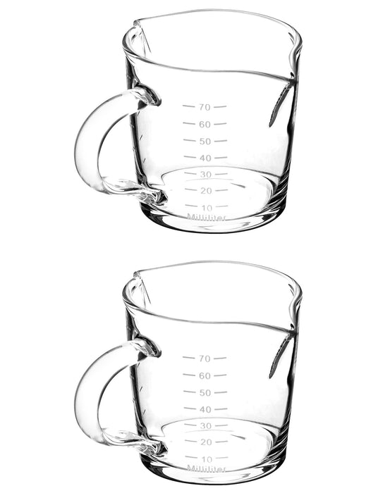 QWORK Espresso Shot Glass with Handle, 2 Pack 3-Ounce Double Spout Glass  Measuring Cup Triple Pitcher Milk Cup with Two Scales (OZ&ML)