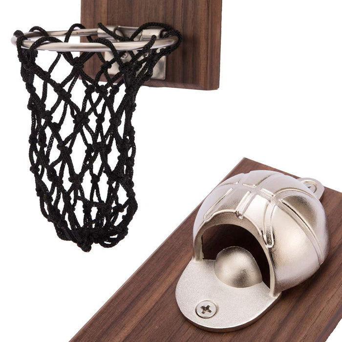 Magnetic Basketball Bottle Opener, Wooden Wall Mounted Opener with Cap Collector Catcher, Ideal for Basketball and Beer Lovers