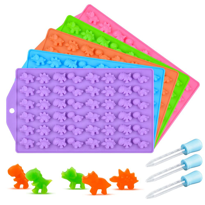 Dinosaur Gummy Molds - 5 Pack Mini Silicone Candy Molds Including Triceratops T-Rex Stegosaurus Brontosaurus