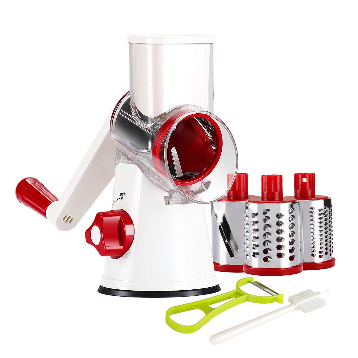 Manual 3-in-1 Rotary Food Processor, Manual Cheese Drum Grater, Hand-Powered Meat Grinder Slicer, Easy to Clean Oriental Kitchen Appliance with 3 Drum