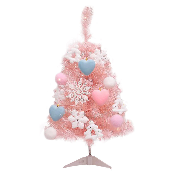 STOYRB Tabletop Pink Christmas Tree Set 23.6In Prelit Artificial Christmas Pine Tree with LED String Light Mini Christmas Tree with Pendants for Xmas Decor