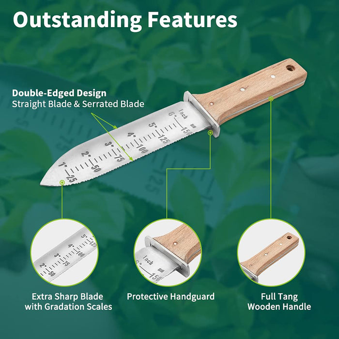 Berry&Bird Hori Hori Garden Knife, Gardening Knife with 7" Stainless Steel Serrated Blade, Japanese Gardening Tool with Leather Sheath and Sharpening Stone for Weeding, Digging, Cutting & Planting