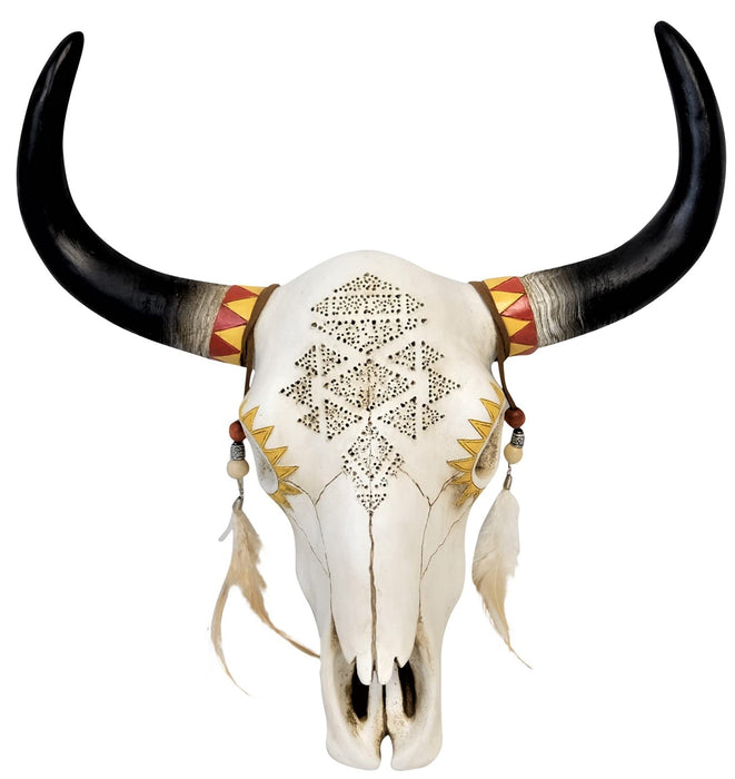 BestEver Rustic Tribal Bull Steer Cow Bison Skull Wall Hanging Decoration with Feathers