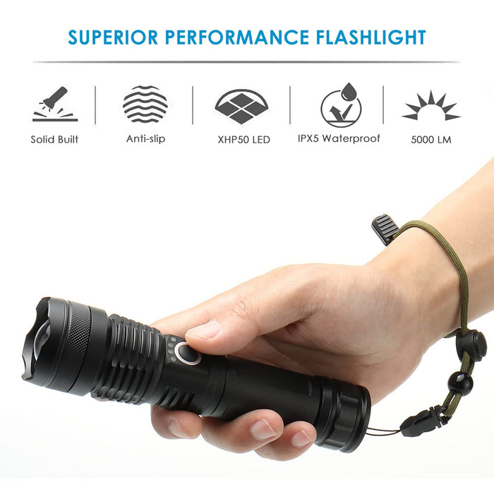 XHP50 Rechargeable LED FlashlightsHigh Lumens Flashlight Tactical Flashlight  with Zoomable 5 Modes Military Grade Waterproof Super Bright Flashlights  for Emergencies Camping Hiking