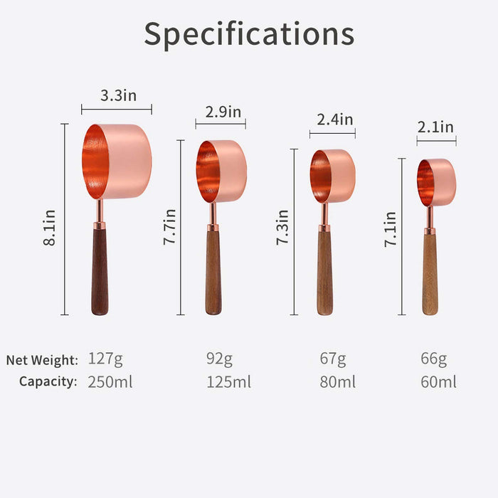 Measuring Cups & Spoons with Walnut Wood Handles, Stainless Steel and Rose Gold, Brown