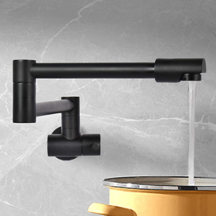 VALISY Lead-Free Solid Brass Single Hole Two Handle Matte Black Wall Mount Pot Filler Faucet，Copper Faucets for Kitchen Sink & Stove Folding Stretchable with 360° Swivel Double Joint Swing Arm