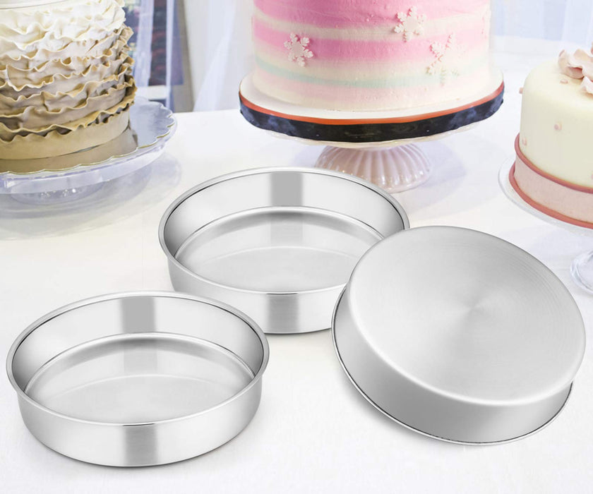 E-far 8 Inch Cake Pan Set of 3, Stainless Steel Round Layer Cake Baking  Pans, Non-Toxic & Healthy, Mirror Finish & Dishwasher Safe