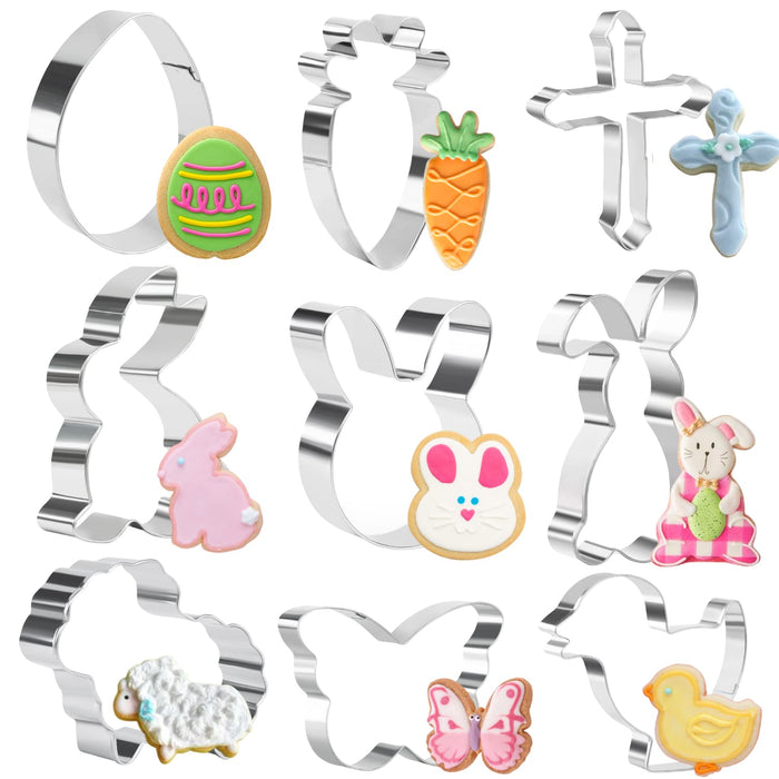 KAISHANE Easter Cookie Cutter Set - 9 Pieces - Bunny Butterfly Chick Carrot Egg Rabbite Cross Shapes Stainless Steel Fondant Mold
