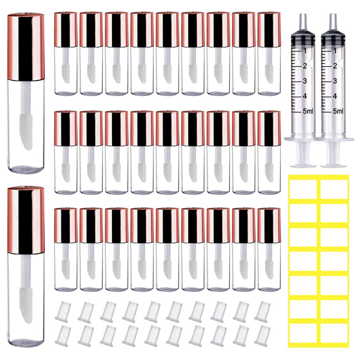 Amorix 50PCS Mini Lip Gloss Tubes with Wand 1.2ml Empty Lip Gloss Containers Clear Refillable Travel Lip Balm Bottles for Samples with 5ml Syringes DIY Lip Gloss Base + Tag Labels Stickers (Rose Gold)