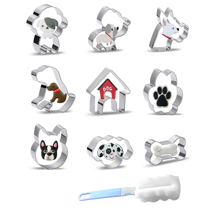 Cookie Cutters Set of 9 pcs, Stainless Steel Pet Dog Cookie Mold, Cartoon Animal Dog Cookie Cutters, Plus a Sponge Cleaning Brush