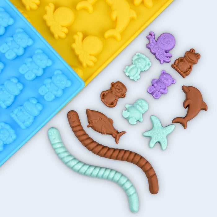 Gummy Bear Mold Candy Molds - Chocolate Molds Including Bears, Frogs, Lions, Monkeys, Penguins, Worms, Starfishs, Dolphins, Octopus, Sharks Sea Mold BPA Free Set of 4 Silicone Molds