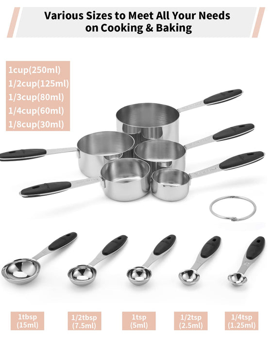 Measuring Cups and Spoons Set ,10 Piece Stainless Steel Measuring Spoons  and Cups with Soft Silicone Handles and Clearly Scale 