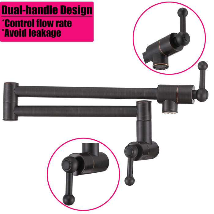 VALISY Lead-Free Solid Brass Single Hole Two Handle Oil Rubbed Bronze Wall Mount Pot Filler Faucet,Folding Extending with 360°Rotating Double Joint Swing Arm for Kitchen Sink & Stove VAL-JLT085H