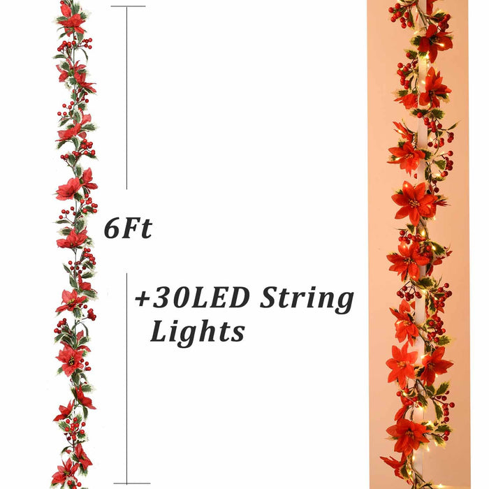 DearHouse 6FT Berry Christmas Garland with Poinsettia Berries Winter Artificial Greenery Garland and 30 LED Light for Holiday Season Mantel Fireplace Table Runner Centerpiece Year Decoration