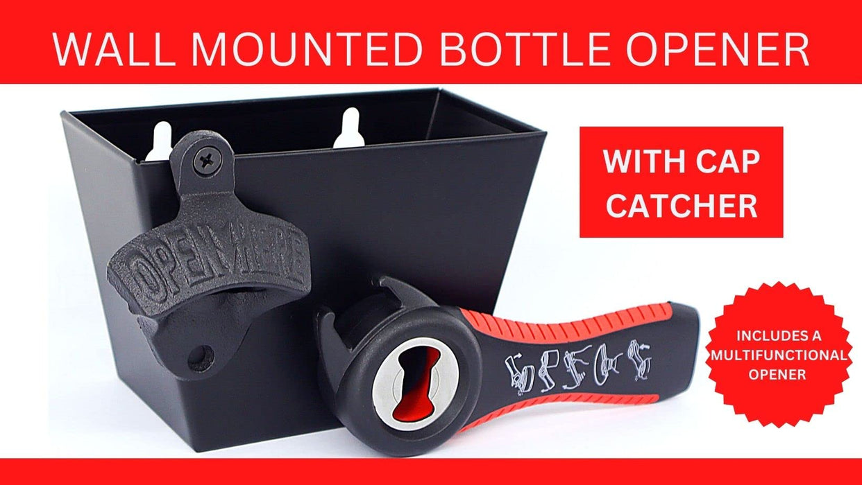 3 PCS Bottle Opener Wall Mounted, Bottle Cap Catcher and 5 In 1 Multifunctional Bottle Opener, Black Cast Iron Bottle Opener