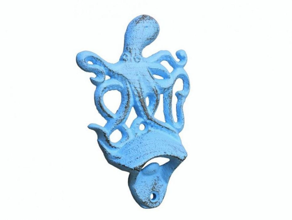 Hampton Nautical Rustic Light Blue Wall Mounted Octopus Bottle Opener 6"-Vintage Cast Iron Decor-Sea Life