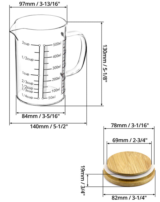 Rocaware 2 Cup Borosilicate Glass Measuring Cup with 50ml Intervals Scale New Kitchen Accessories Easy Measure Liquid Powder Milk Cups