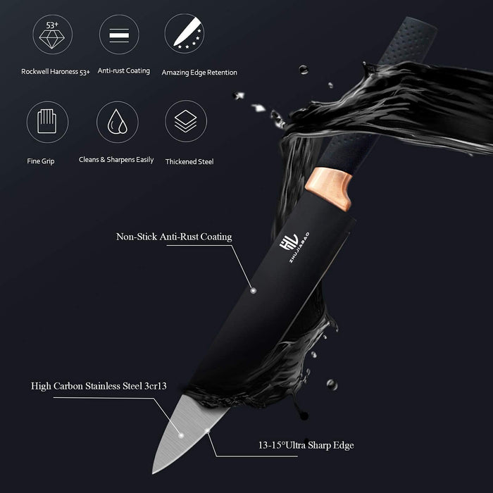 ZHUJIABAO Black Kitchen Knife Block Set with Acrylic Stand 6PCS Professional Stainless Steel Chef Knife Set with Nonstick Coating and Ultra Sharp Edge Cutlery Knife Block Set as  for Man and Woman