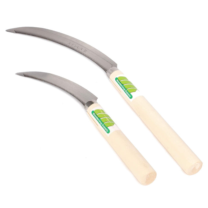 ALL THAT GARDEN Saw Tooth Grass and Weeding Sickle, Set of Large (6.9 inches Blade, 8 inches Handle) and Medium (4.7 inches Blade, 6 inches Handle) Size, Stainless Steel Blade and Wooden Handle