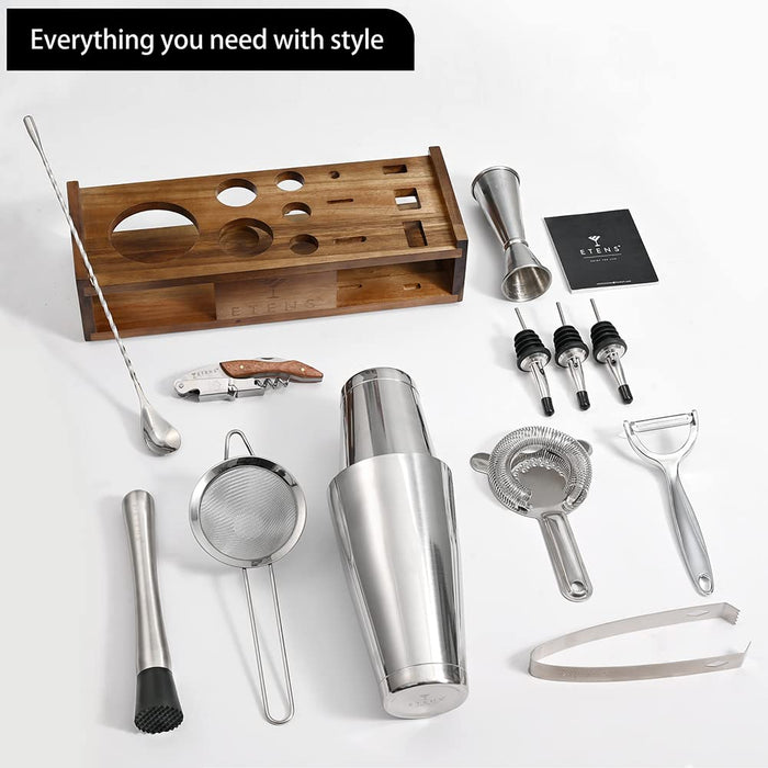 Etens Mixology Bartenders Kit | Boston Cocktail Shaker Set with Stand, Bar Tool Set with Organizer for Home Drink Mixing Making