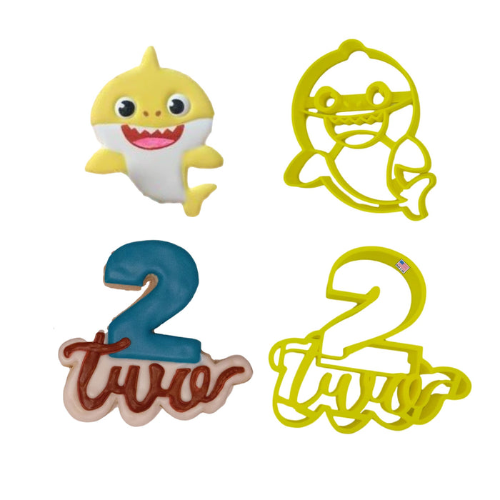 INSPIRED BY BABY SHARK COOKIE CUTTERS. Two-Year-Old Birthday Number and Word With Baby Yellow Shark Cartoon Character 3D Printed