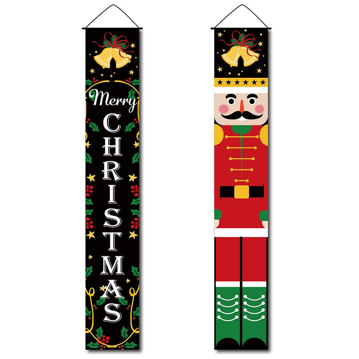 CREATCABIN Christmas Nutcracker Banners Christmas Tree Jingle Bells Soldier Figures Model Door Decor Porch Sign for Indoor Outdoor Holiday Home Party Porch Wall Xmas 11.8 x 70.8inch Black