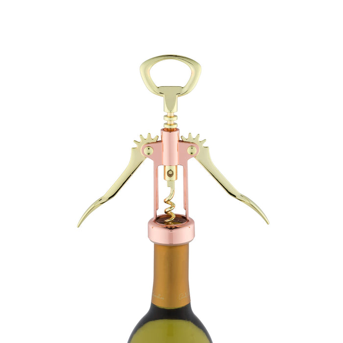 Twine Two-Tone Copper and Gold Winged Corkscrew, Self Centering Worm, Wine Bottle Opener, Lever Arms, Stainless Steel Set of 1