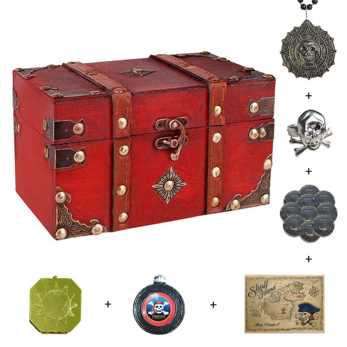 SICOHOME Treasure Box, 7.1 Treasure Chest with Pirate Trinkets, Vintage Wooden Decorative Box for Jewelry, Tarot Cards, Box