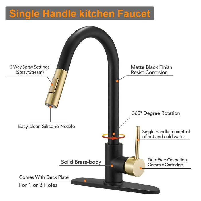 Hoimpro High-Arc Single Handle Kitchen Sink Faucet with Pull Out Sprayer, Modern Rv Kitchen Faucet with Pull Down Sprayer, Touch Water Faucet, Brass/Matte Black & Gold(1 or 3 Hole)